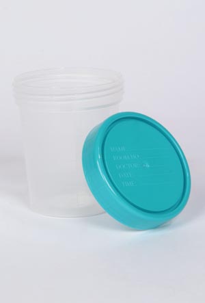 [4653] Medegen Gent-L-Kare® 4 Oz Non-Sterile Specimen Container, Turquoise LiquaGuard® Lid, 500/cs