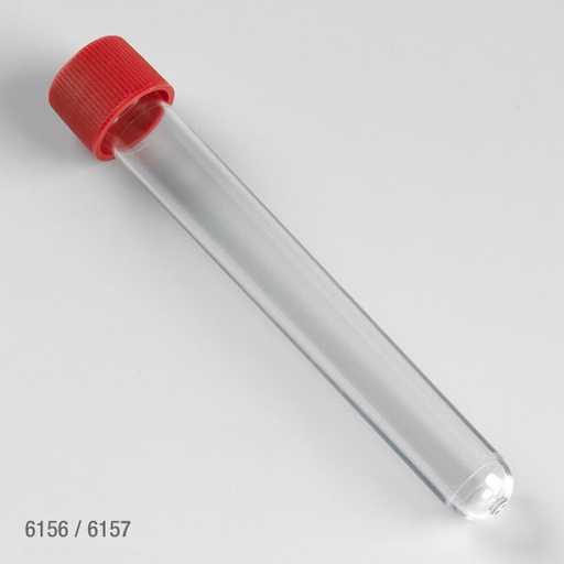 [6156] Globe Scientific 15 ml PS Sterile Test Tubes w/ Attached Red Screw Cap, 750/Case