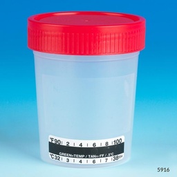 [5916] Globe Scientific 4 oz PP Urine Collection Containers w/ Attached Thermometer Strip &amp; Red Screw Cap, 500/Case