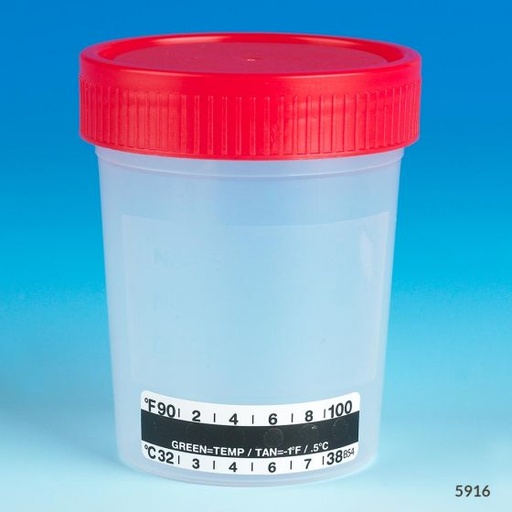 [5916] Globe Scientific 4 oz PP Urine Collection Containers w/ Attached Thermometer Strip & Red Screw Cap, 500/Case