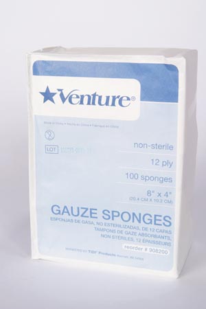 [908200] Tidi Venture™ 12-Ply Non-Sterile Gauze Sponge, 4" x 8", Non-Sterile, 12-Ply, 100/bg