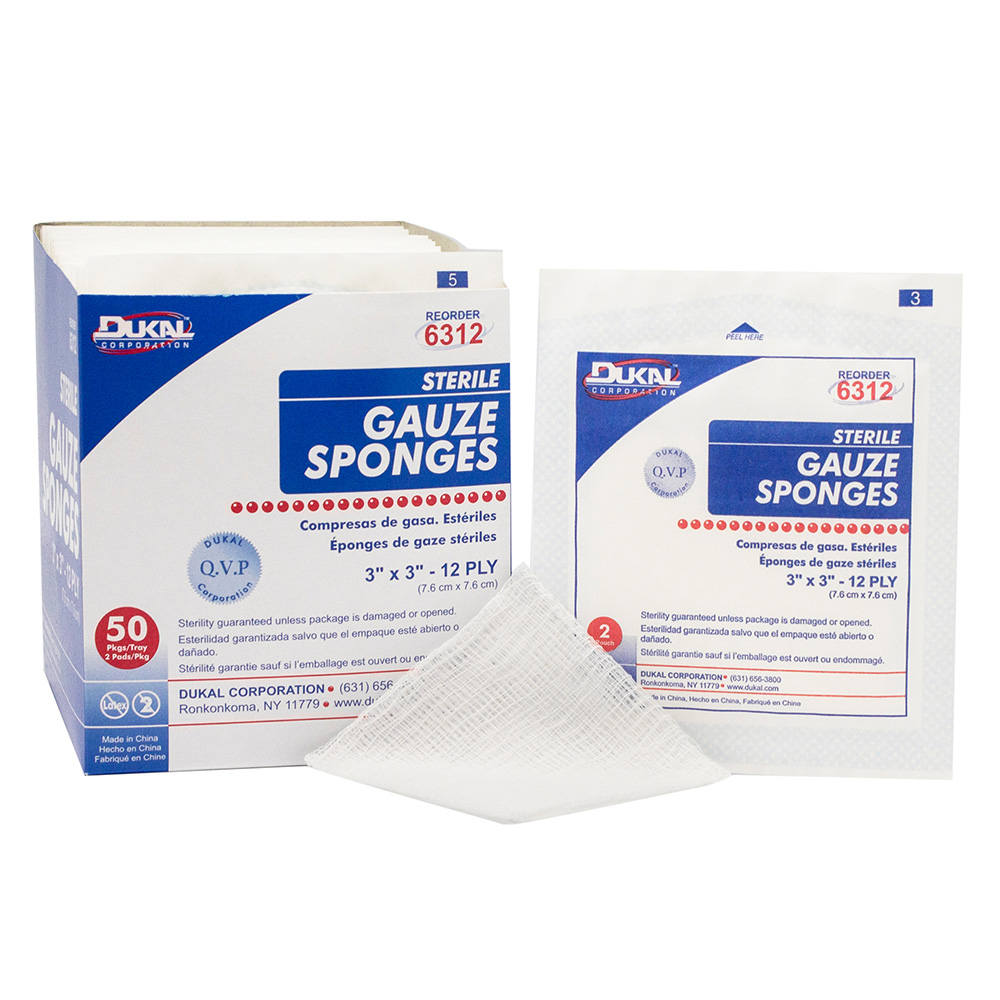 [6312] Dukal 3 x 3 inch 12-Ply Sterile Gauze Sponges, 2400/Pack