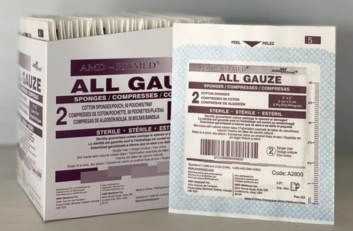 [A2800] Amd Medicom Premium Gauze Sponges, 2" x 2", 8-Ply, Sterile, 2/pk, 50pk/bx