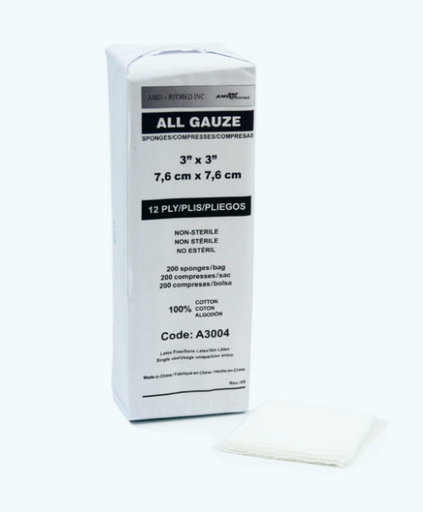 [A3004] Amd Medicom Premium Gauze Sponges, 3" x 3", 12-Ply, NS, 200 bg