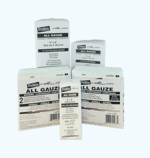 [D-3005] Amd Medicom Distech Gauze Sponges, 4" x 4", 8-Ply, NS, 200/bag, 20 bags/case