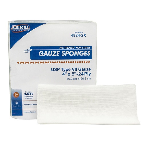 [4824-2X] Dukal 8 x 4 inch 24-Ply X-Ray Detectable Type VII Non-Sterile Gauze Sponges, 1000/Pack