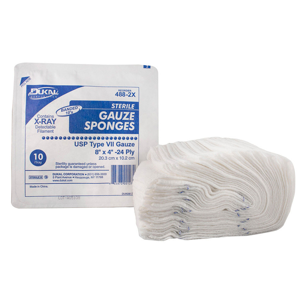 [488-2X] Dukal 8 x 4 inch 24-Ply X-Ray Detectable Type VII Sterile Gauze Sponges, 480/Pack
