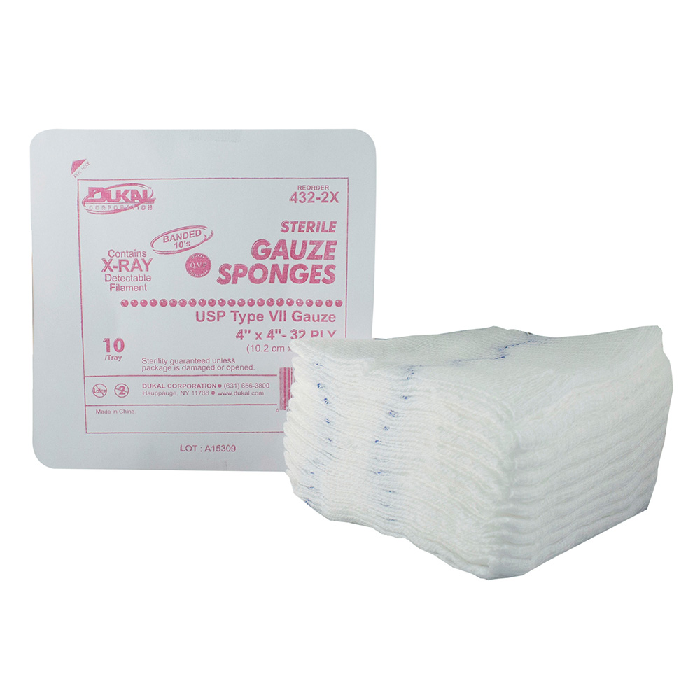 [432-2X] Dukal 4 x 4 inch 32-Ply X-Ray Detectable Type VII Sterile Gauze Sponges, 300/Pack