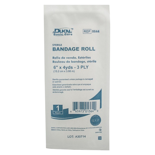 [8644] Dukal Basic Care Fluff 6 inch x 4 yds 3-Ply Sterile Bandages Roll, 48/Pack