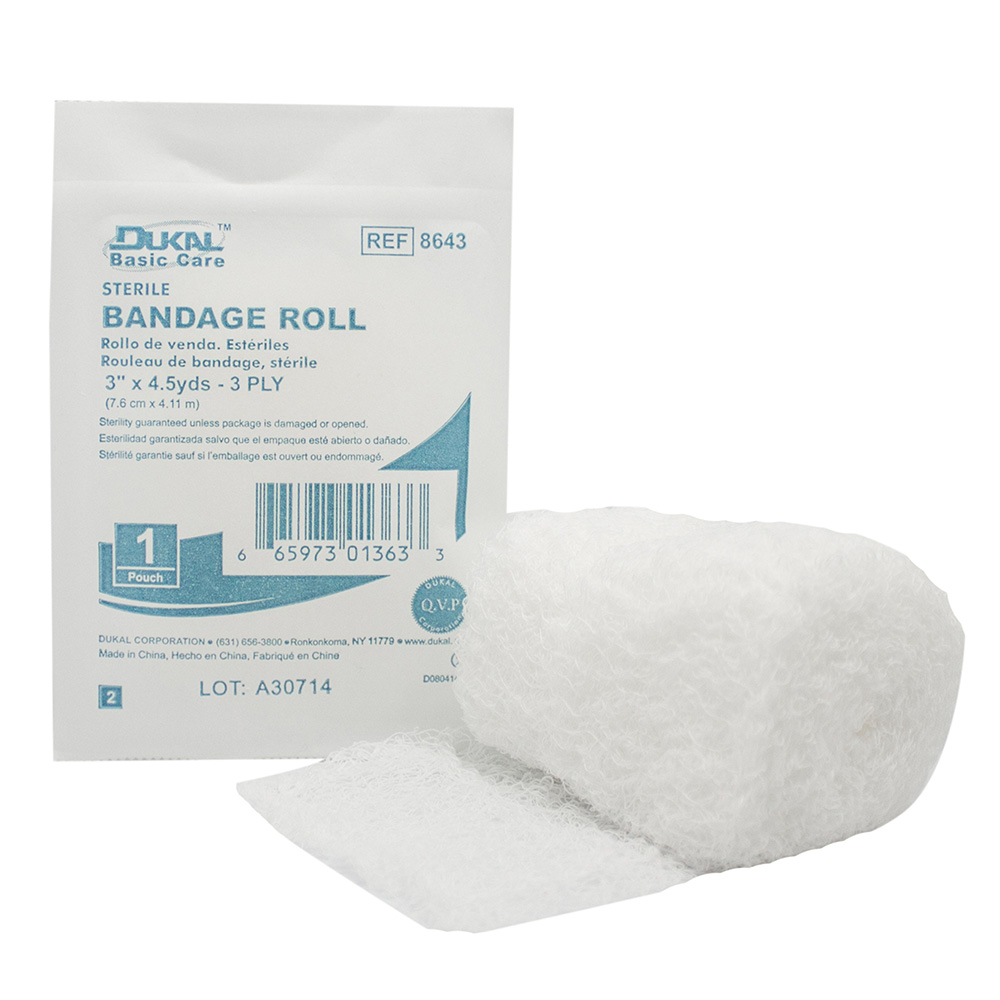 [8643] Dukal Basic Care Fluff 3 inch x 4.5 yds 3-Ply Sterile Bandages Roll, 96/Pack