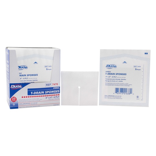 [7470] Dukal 4 x 4 inch 6-Ply Sterile Cotton T-Drain Sponges, 600/Pack