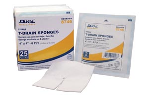 [8746] Dukal T-Drain Sponge, 4&quot; x 4&quot;, Sterile, 25 pk