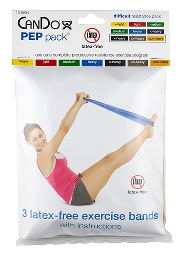 [10-5684] Fabrication CanDo 4 ft Latex Free Difficult Exercise Band w/ PEP Pack, Assorted Color, 3 Pieces/Pack