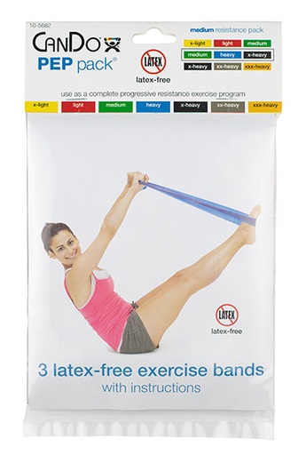 [10-5682] Fabrication CanDo 4 ft Latex Free Moderate Exercise Band w/ PEP Pack, Assorted Color, 3 Pieces/Pack