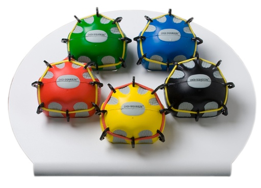 [10-2296] CanDo Digi-Extend n' Squeeze Hand Exerciser - Large - 5-piece set (yellow, red, green, blue, black), with stand