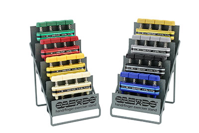 [10-0759] CanDo Digi-Flex hand exerciser - set of 8 (tan, yellow, red, green, blue, black, silver, gold), with metal rack