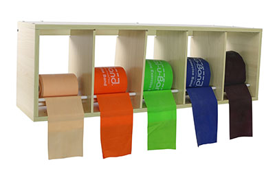 [10-5479] CanDo exercise band rack, plastic, 5 rolls, INCLUDING: Val-u-Band - Latex Free - 5 x 50 yard rolls (peach, orange, lime, blueberry, plum)