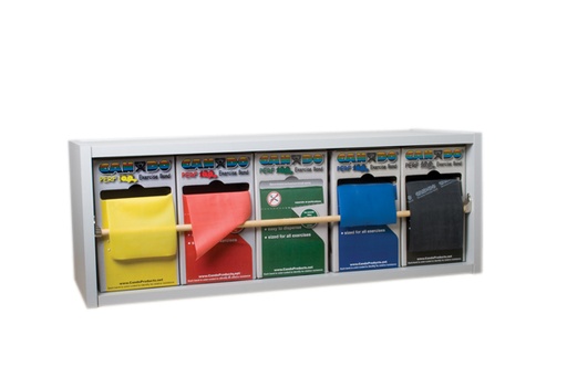 [10-5480] CanDo exercise band rack, plastic, 5 rolls, INCLUDING: Perf 100 - Low Powder - 5 x 100 yard rolls (yellow, red, green, blue, black)
