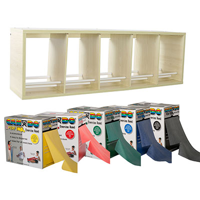[10-5481] CanDo exercise band rack, plastic, 5 rolls, INCLUDING: Perf 100 - Latex Free- 5 x 100 yard rolls (yellow, red, green, blue, black)