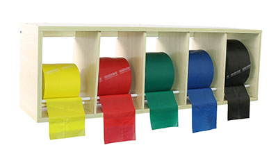 [10-5482] CanDo exercise band rack, plastic, 5 rolls, INCLUDING: 5 x 50 yard CanDo low powder set (yellow, red, green, blue, black)