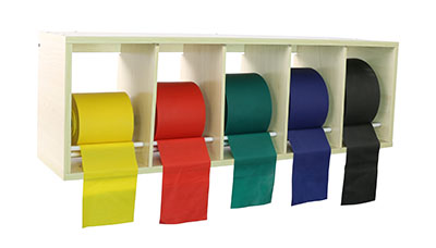 [10-5483] CanDo exercise band rack, plastic, 5 rolls, INCLUDING: 5 x 50 yard CanDo latex free set (yellow, red, green, blue, black)