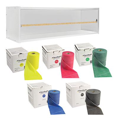 [10-5486] CanDo Dispens-a-Band exercise band rack, wood, 5 rolls, INCLUDING: 5 x 50 yard TheraBand latex set (yellow, red, green, blue, black)