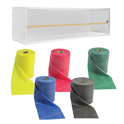 [10-5487] CanDo Dispens-a-Band exercise band rack, wood, 5 rolls, INCLUDING: 5 x 50 yard TheraBand latex free set (yellow, red, green, blue, black)