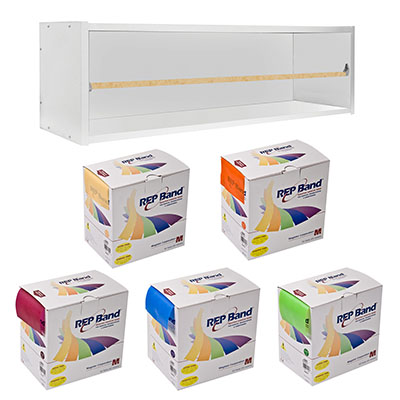 [10-5488] CanDo Dispens-a-Band exercise band rack, wood, 5 rolls, INCLUDING: 5 x 50 yard REP Band latex free set (peach, orange, lime, blueberry, plum)
