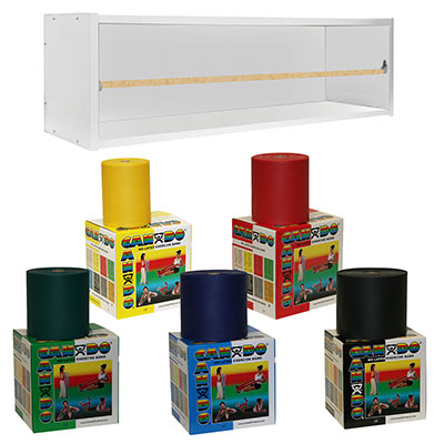 [10-5629] CanDo Dispens-a-Band exercise band rack, wood, 5 rolls, INCLUDING: 5 x 50 yard CanDo latex free set (yellow, red, green, blue, black)