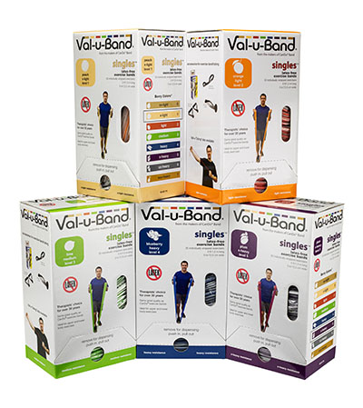 [10-6178] Val-u-Band Resistance Bands, Pre-Cut Strip, 5', 5 Cases of 30 Units Each, Peach, Orange, Lime, Blueberry, Plum, Latex-Free