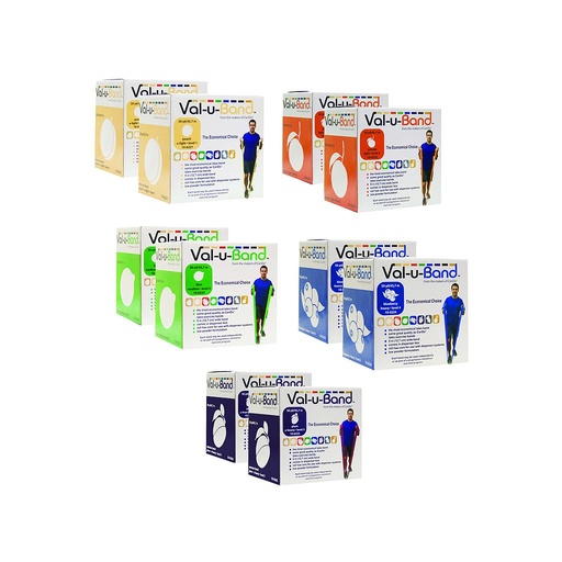 [10-6238] Val-u-Band Resistance Bands, Dispenser Roll, 100 Yds. (2 x 50 Yds.), 5-Piece Set, Peach, Orange, Lime, Blueberry, Plum, Contains Latex