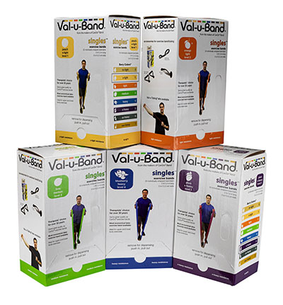 [10-6278] Val-u-Band Resistance Bands, Pre-Cut Strip, 5', 5 Cases of 30 Units Each, Peach, Orange, Lime, Blueberry, Plum, Contains Latex