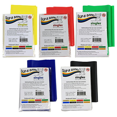 [10-6308] Sup-R Band Latex Free Exercise Band - 5 foot Singles, 5-piece set (1 each: yellow, red, green, blue, black)