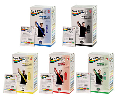 [10-6378] Sup-R Band, latex-free, 5 foot Singles, 30 piece dispenser, 5-piece set (1 each: yellow, red, green, blue, black)