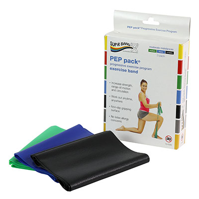 [10-6382] Sup-R Band Latex Free Exercise Band - PEP pack, 3-piece set (1 each: green, blue, black)