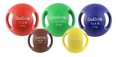[10-3285] CanDo, Molded Dual Handle Medicine Ball, 5-piece set (1 ea: tan through blue)