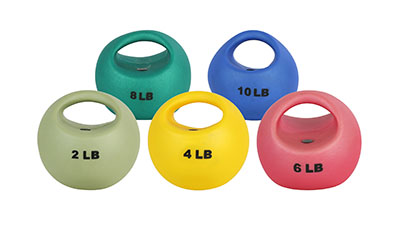 [10-3295] CanDo One Handle Medicine Ball - 5 pc set (Tan, Yellow, Red, Green, Blue)