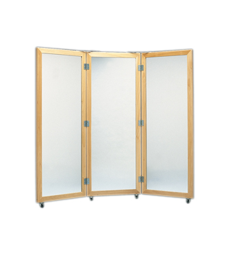 [19-1103] Glass mirror, mobile caster base, 3-panel mirror, 28" W x 75" H