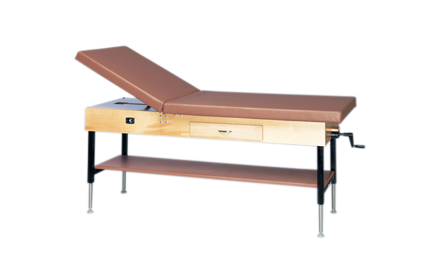 [15-1201] wooden treatment table - manual hi-low, shelf, drawer, upholstered, 78&quot; L x 30&quot; W x 25&quot; - 33&quot; H, 2-section
