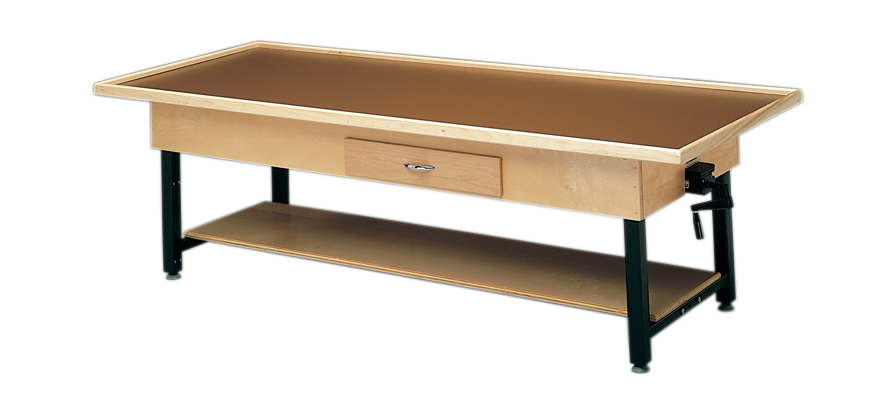 [15-1210] wooden treatment table - manual hi-low, raised-rim, shelf, drawer, 78" L x 30" W x 25" - 33" H