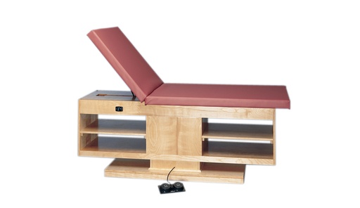 [15-1231] wooden treatment table - electric hi-low, shelves, upholstered, 78" L x 30" W x 27" - 39" H, 2-section