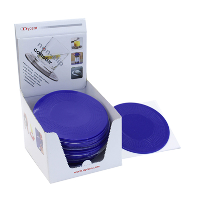 [50-1682B] Dycem 5.5" round table mat display, 25/dispenser, blue