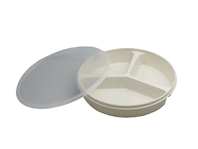 [62-0130] Partitioned scoop dish with cover, sandstone, 8"