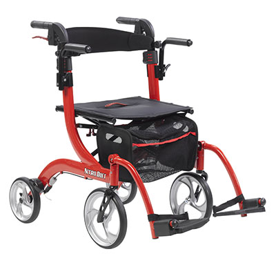 [43-3024] Drive, Nitro Duet Dual Function Transport Wheelchair and Rollator Rolling Walker, Red