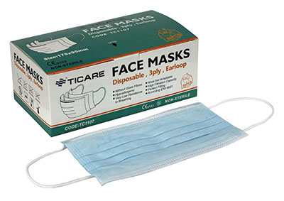[70-0664-50] Ticare Face Masks, 3 ply disposable with ear loops, Box of 50