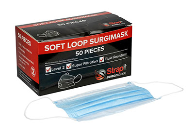 [70-0663-50] Strapit Surgimask Face Masks, 3 ply disposable with ear loops, ASTM Level 2, Box of 50