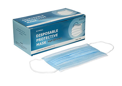 [70-0645-50] 3 Ply Disposable Face Masks with Ear Loops and Adjustable Nose Clips, Box of 50