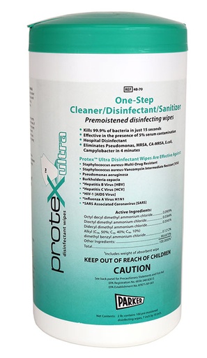 [15-1182-8] Protex Ultra, Disinfectant Wipes, 7" x 9.5", Canister of 75, Case of 8