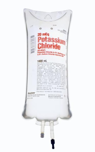 [2B2434X] Baxter™ 20 mEq/L Potassium Chloride in 5% Dextrose & 0.9% Sodium Chloride Injection, 1000 mL VIAFLEX
