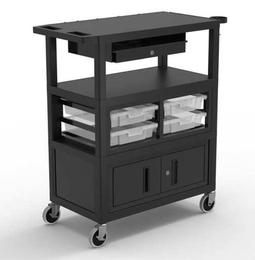 [ECMBSKBC-B] Luxor 32"x18" Deluxe Teacher Cart w/Locking Cabinet, Storage Bins, Keyboard Tray, Pocket Chart Hooks, Cup Holder